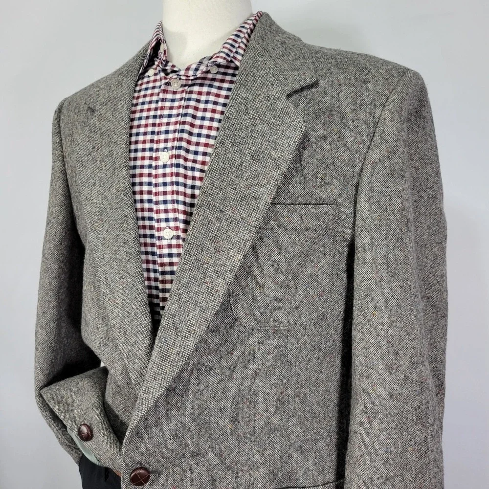 Gallery Haggar Men's Tweed Sport Coat Blazer‎ Two Button Gray Wool Size 46L